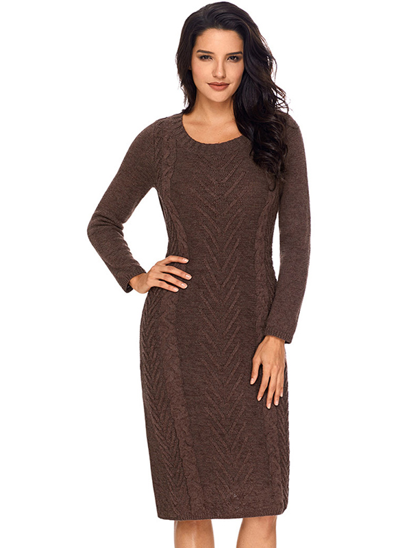 Brown Round Neck Cable Sweater Dress