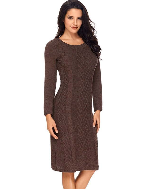 Brown Round Neck Cable Sweater Dress