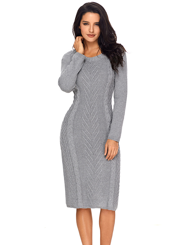 Grey Round Neck Cable Sweater Dress