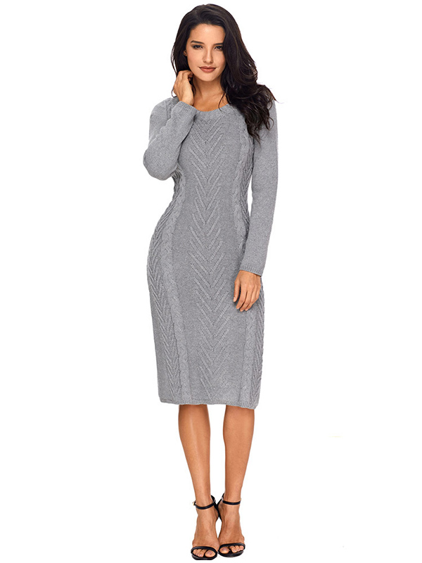 Grey Round Neck Cable Sweater Dress