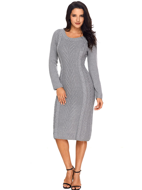 Grey Round Neck Cable Sweater Dress