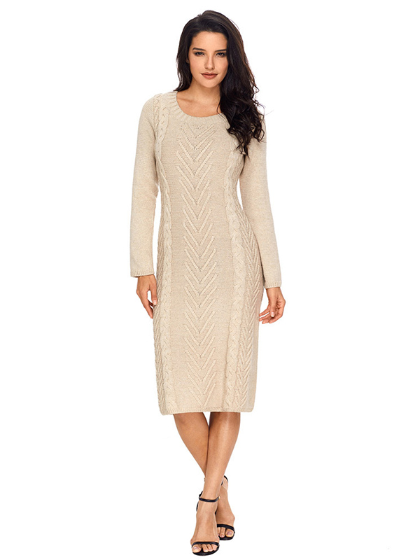 Khaki Round Neck Cable Sweater Dress