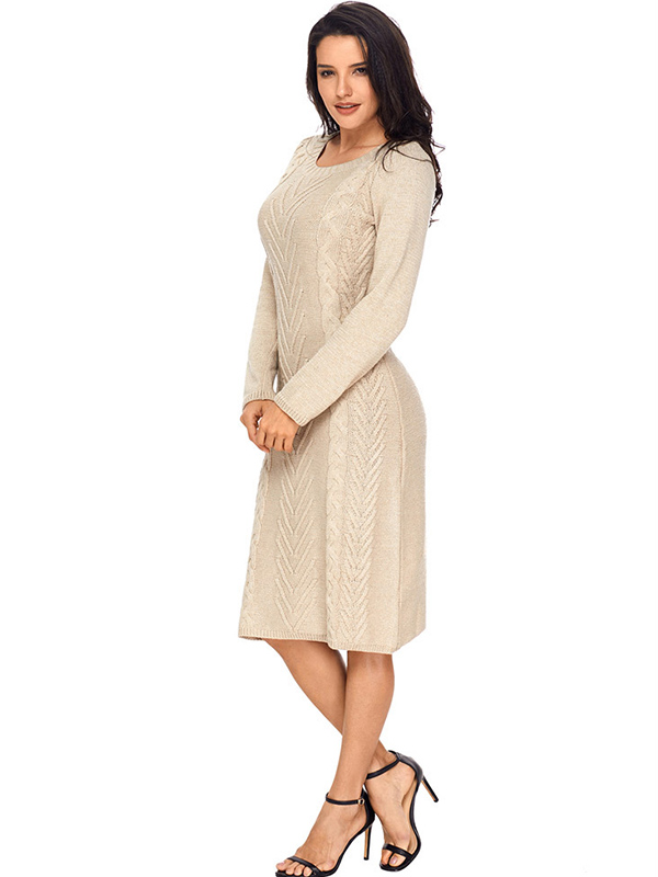 Khaki Round Neck Cable Sweater Dress