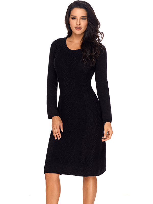 Black Round Neck Cable Sweater Dress