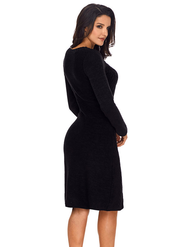 Black Round Neck Cable Sweater Dress