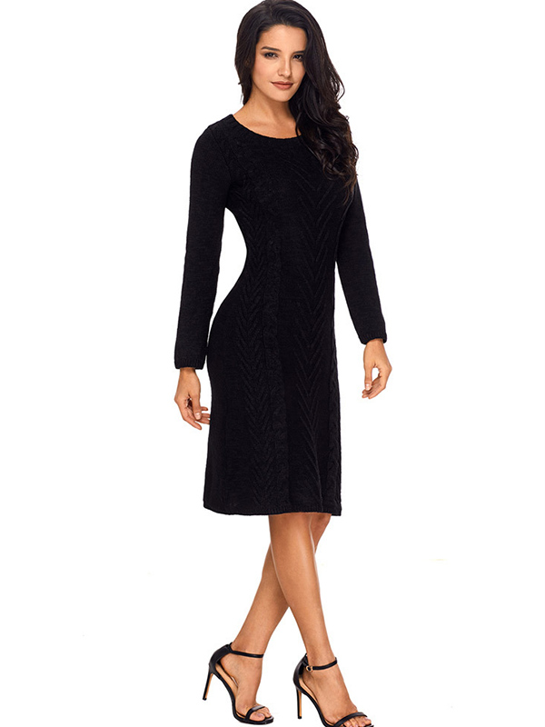 Black Round Neck Cable Sweater Dress