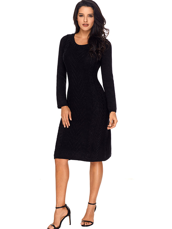 Black Round Neck Cable Sweater Dress