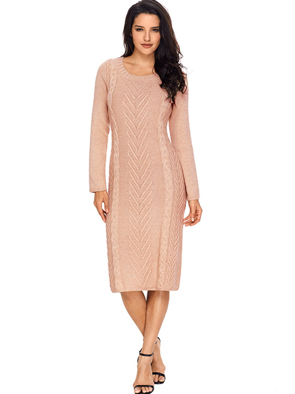 Pink Round Neck Cable Sweater Dress