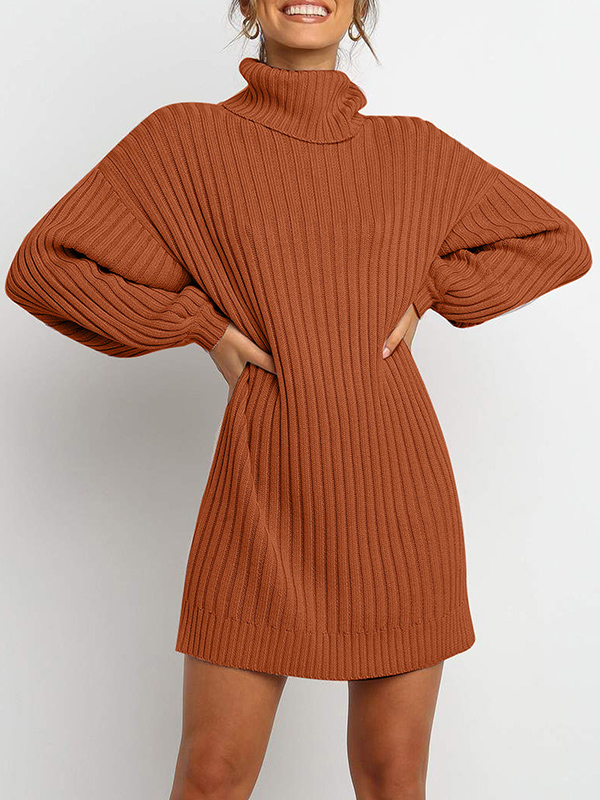 Brown Roll Neck Sweater Dress with Balloon Sleeves