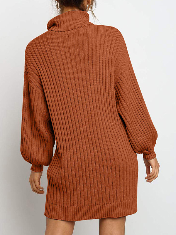 Brown Roll Neck Sweater Dress with Balloon Sleeves