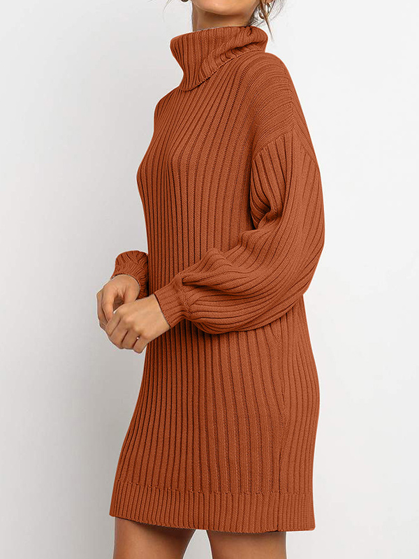 Brown Roll Neck Sweater Dress with Balloon Sleeves