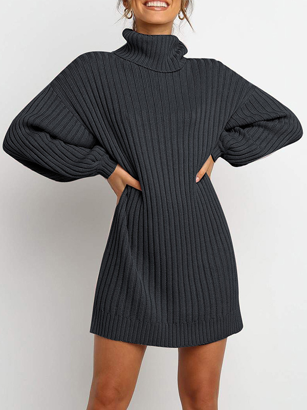 Black Roll Neck Sweater Dress with Balloon Sleeves