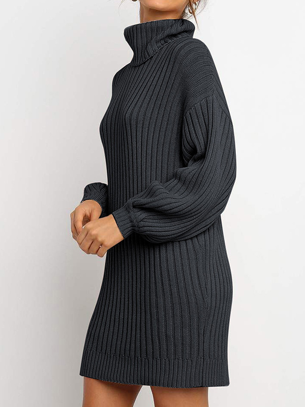 Black Roll Neck Sweater Dress with Balloon Sleeves