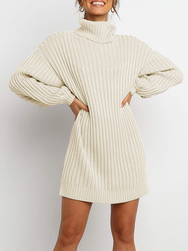 Apricot Roll Neck Sweater Dress with Balloon Sleeves