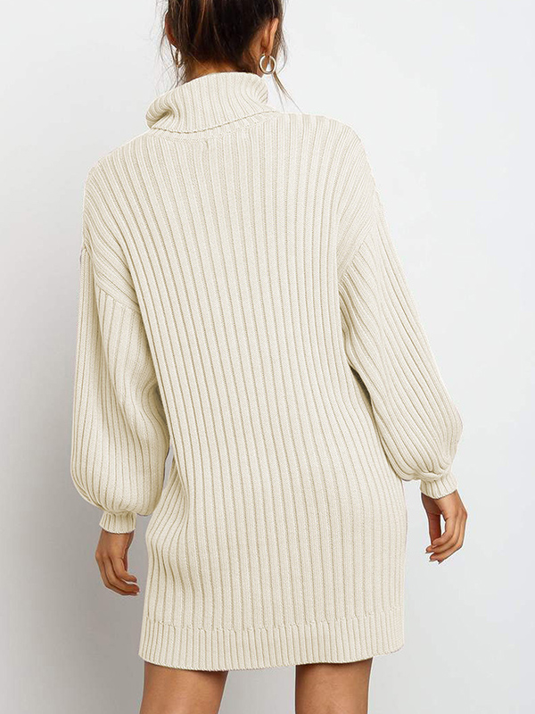 Apricot Roll Neck Sweater Dress with Balloon Sleeves