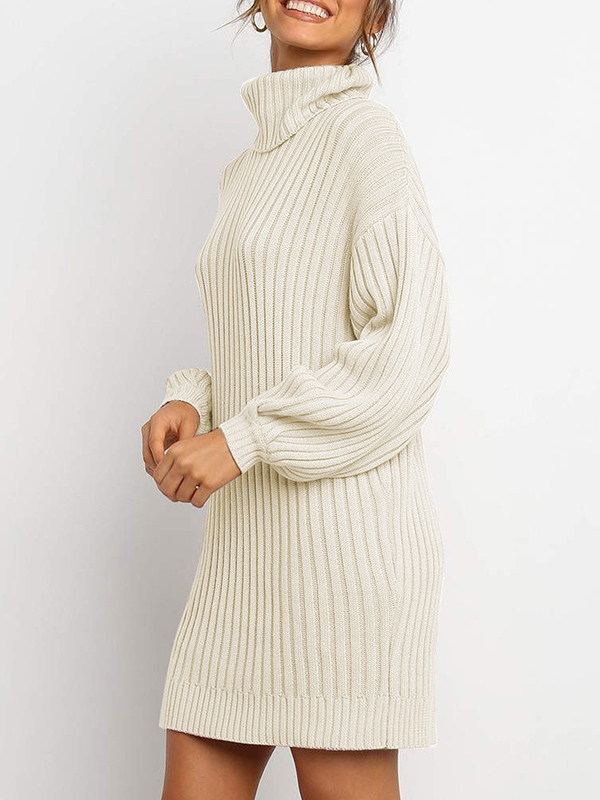 Apricot Roll Neck Sweater Dress with Balloon Sleeves