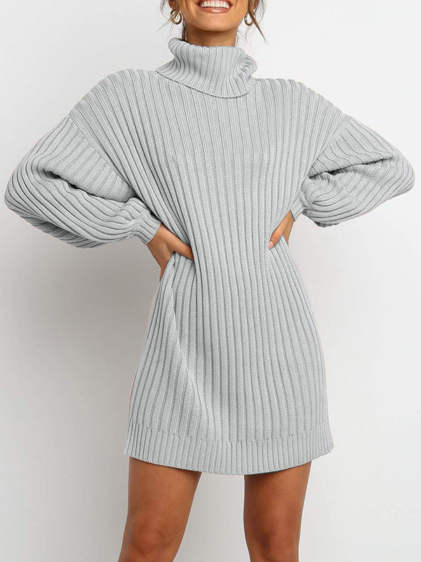 Grey Roll Neck Sweater Dress with Balloon Sleeves