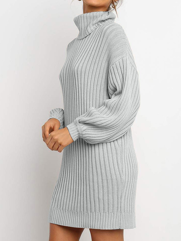 Grey Roll Neck Sweater Dress with Balloon Sleeves