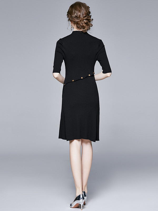 Black Stand Collar Button Decoration Knit Midi Dress