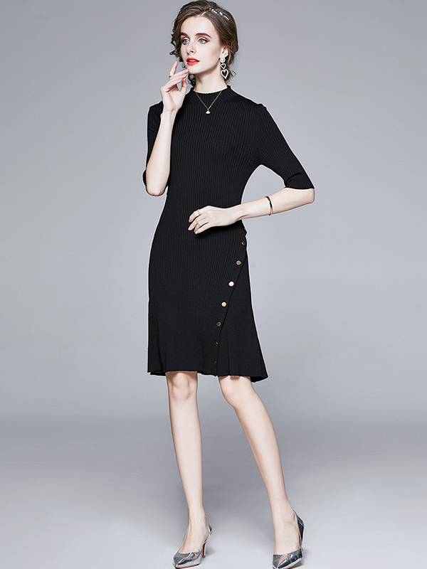 Black Stand Collar Button Decoration Knit Midi Dress