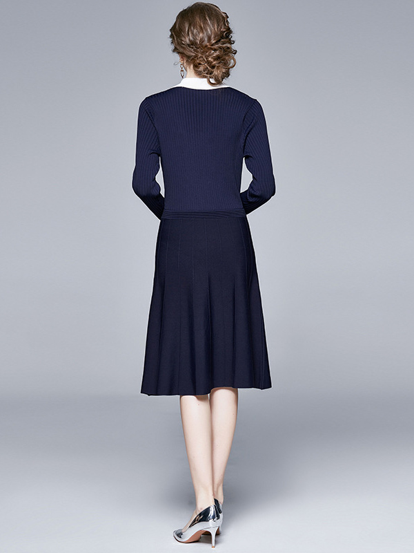 Navy Blue Knit Dress with Collar