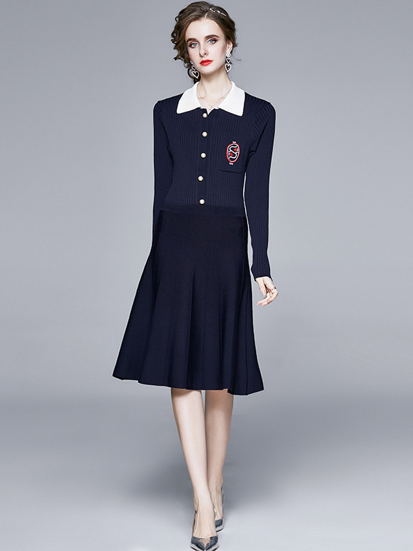 Navy Blue Knit Dress with Collar