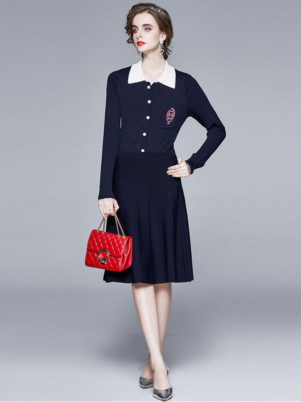 Navy Blue Knit Dress with Collar