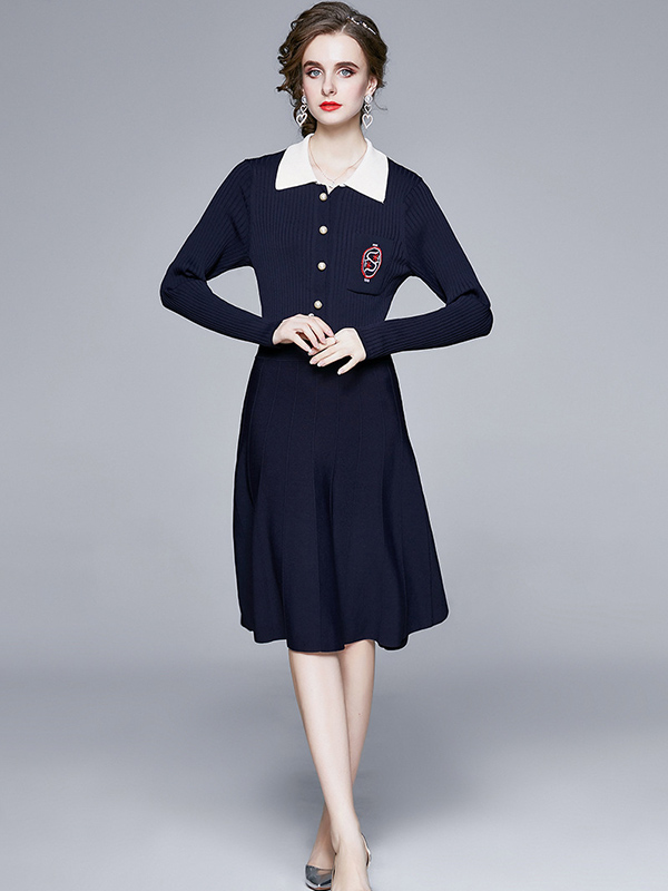 Navy Blue Knit Dress with Collar