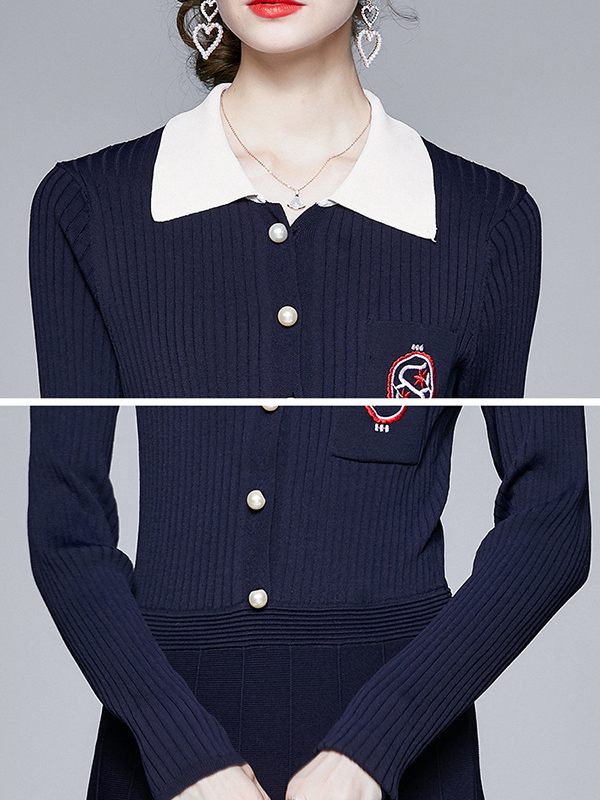 Navy Blue Knit Dress with Collar