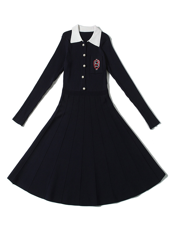 Navy Blue Knit Dress with Collar