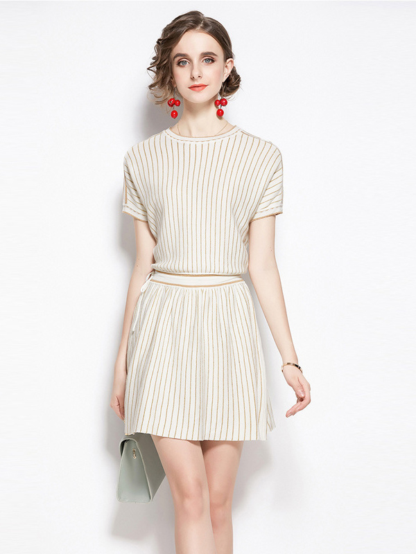 Beige Stripes Short Sleeves Knit Dress