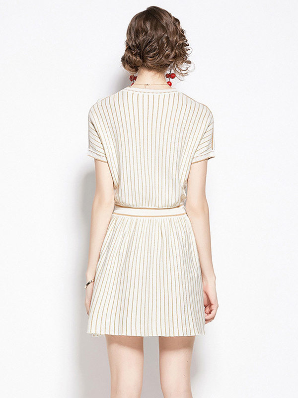 Beige Stripes Short Sleeves Knit Dress