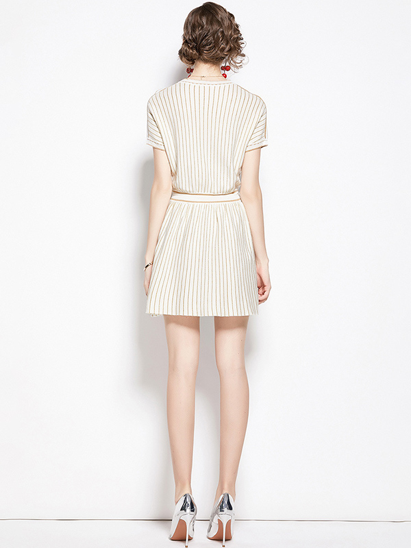 Beige Stripes Short Sleeves Knit Dress