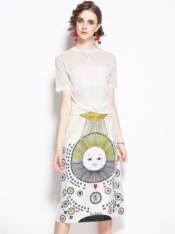 White Sun Print Short Sleeves Knit Dress