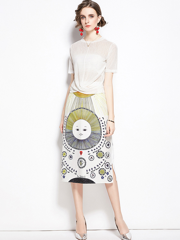 White Sun Print Short Sleeves Knit Dress