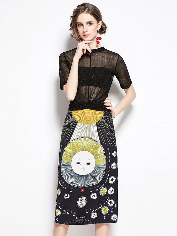 Black Sun Print Short Sleeves Knit Dress