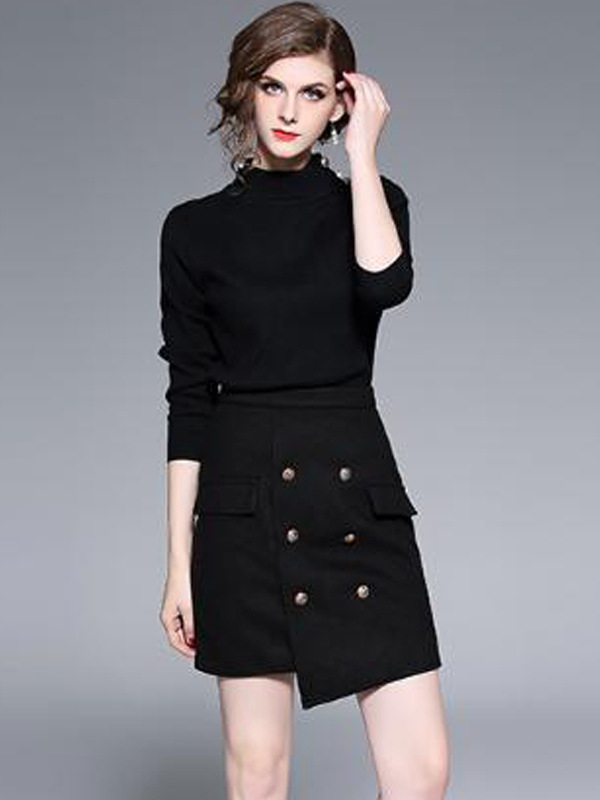 Black Knit Mini Dress with Asymmetrical Trim