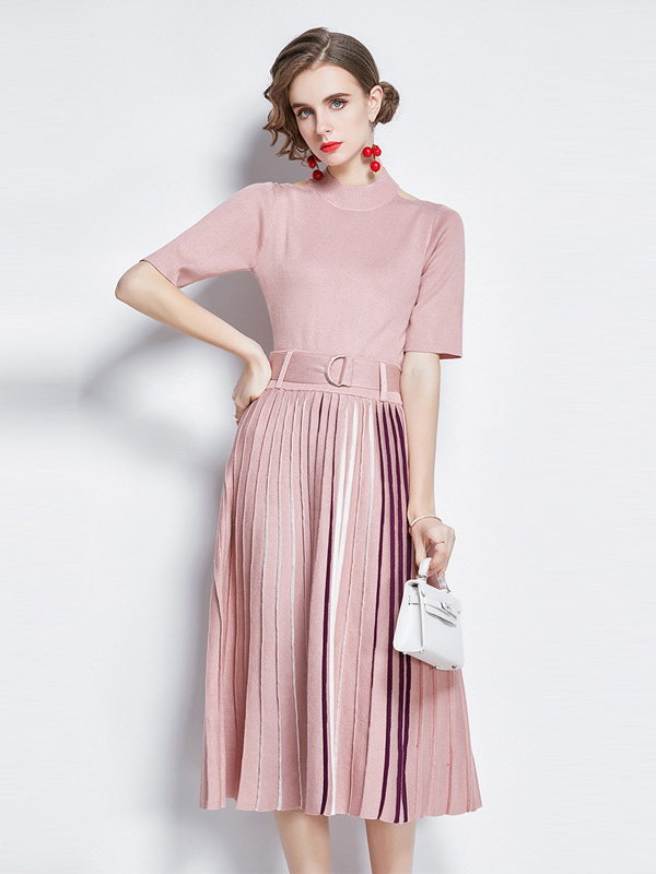 Pink Cutout Shoulder Knit Pleated Midi Dress