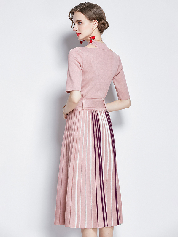 Pink Cutout Shoulder Knit Pleated Midi Dress