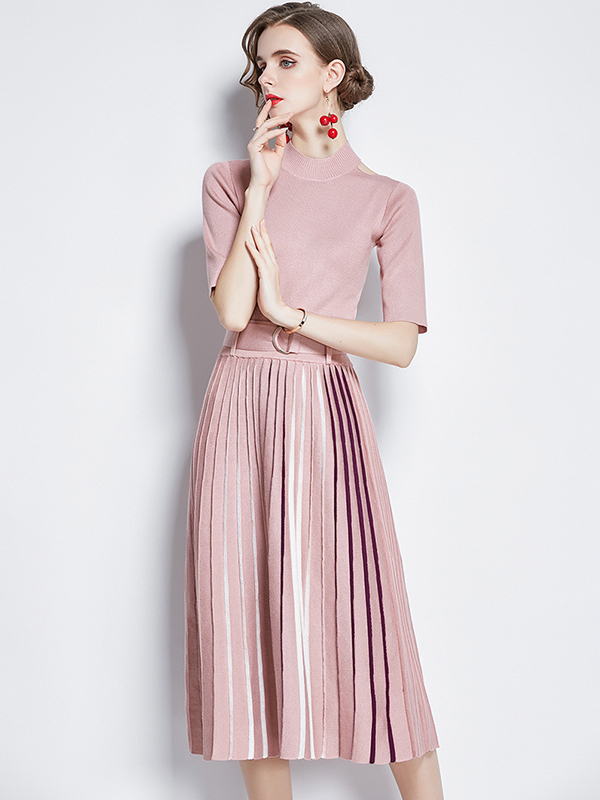 Pink Cutout Shoulder Knit Pleated Midi Dress