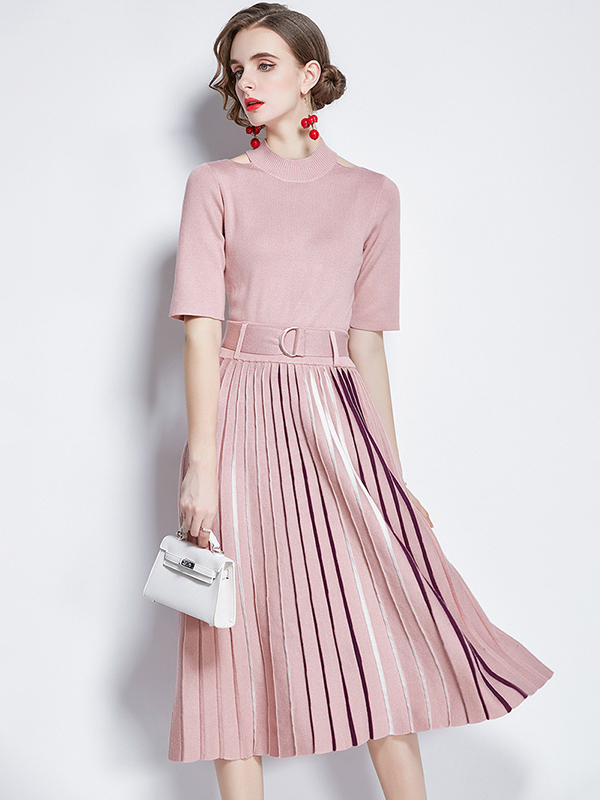 Pink Cutout Shoulder Knit Pleated Midi Dress