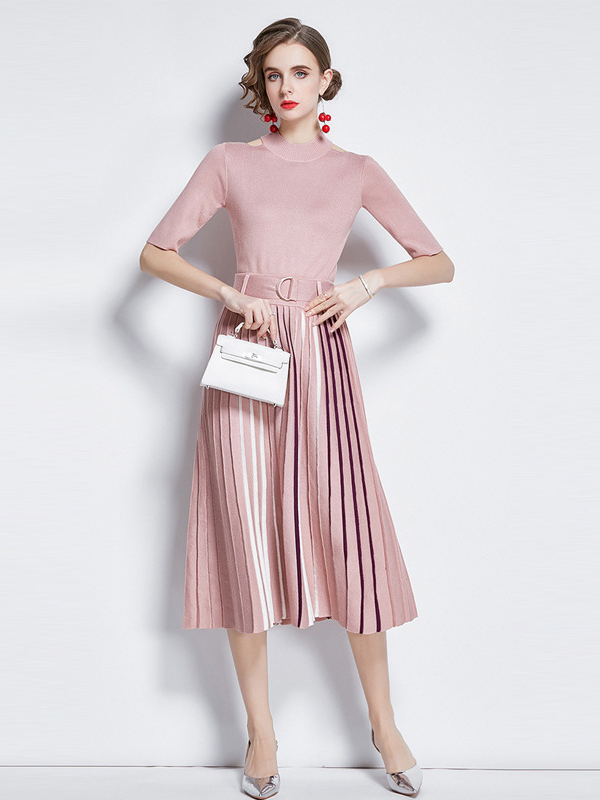 Pink Cutout Shoulder Knit Pleated Midi Dress