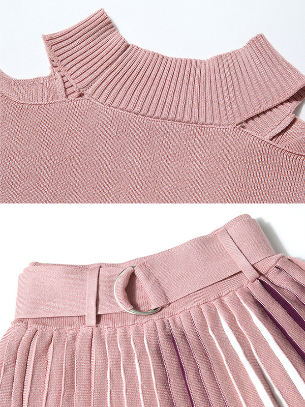 Pink Cutout Shoulder Knit Pleated Midi Dress