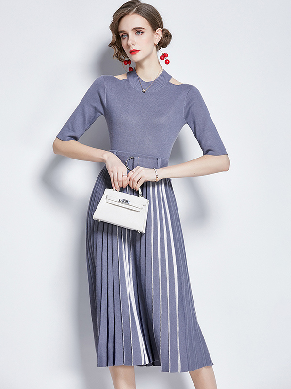 Grey Cutout Shoulder Knit Pleated Midi Dress