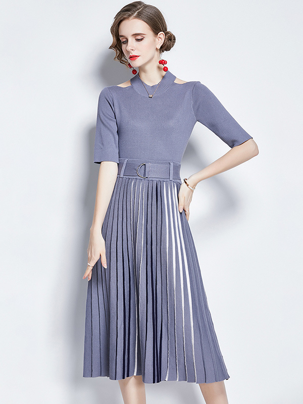 Grey Cutout Shoulder Knit Pleated Midi Dress