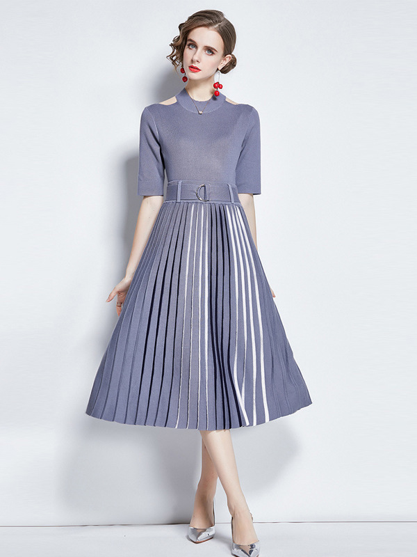 Grey Cutout Shoulder Knit Pleated Midi Dress