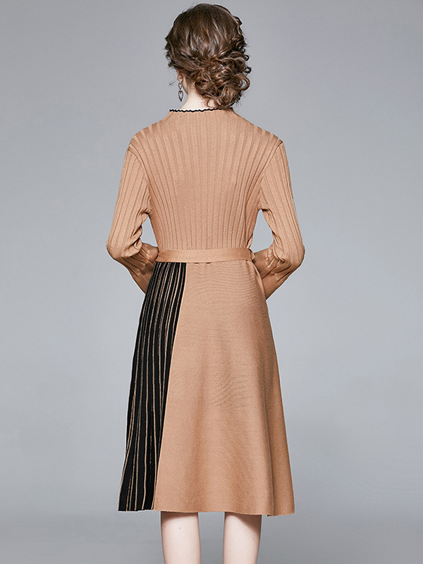 Khaki Stand Collar Flared Sleeve Knit Pleated Dress