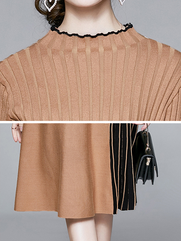 Khaki Stand Collar Flared Sleeve Knit Pleated Dress