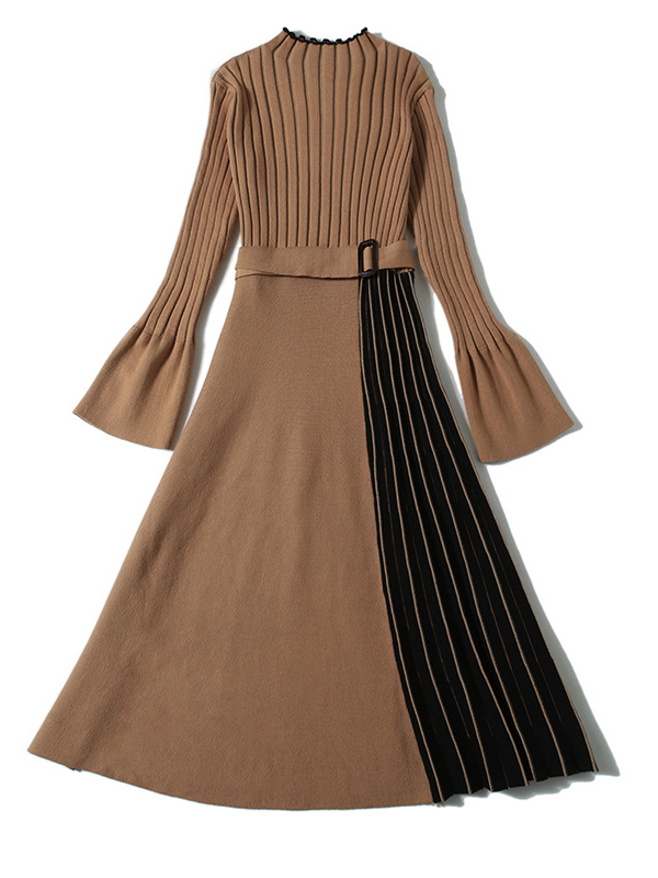 Khaki Stand Collar Flared Sleeve Knit Pleated Dress