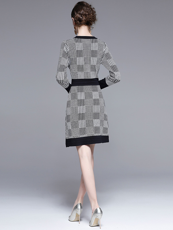 Black Houndstooth Print Knit Dress